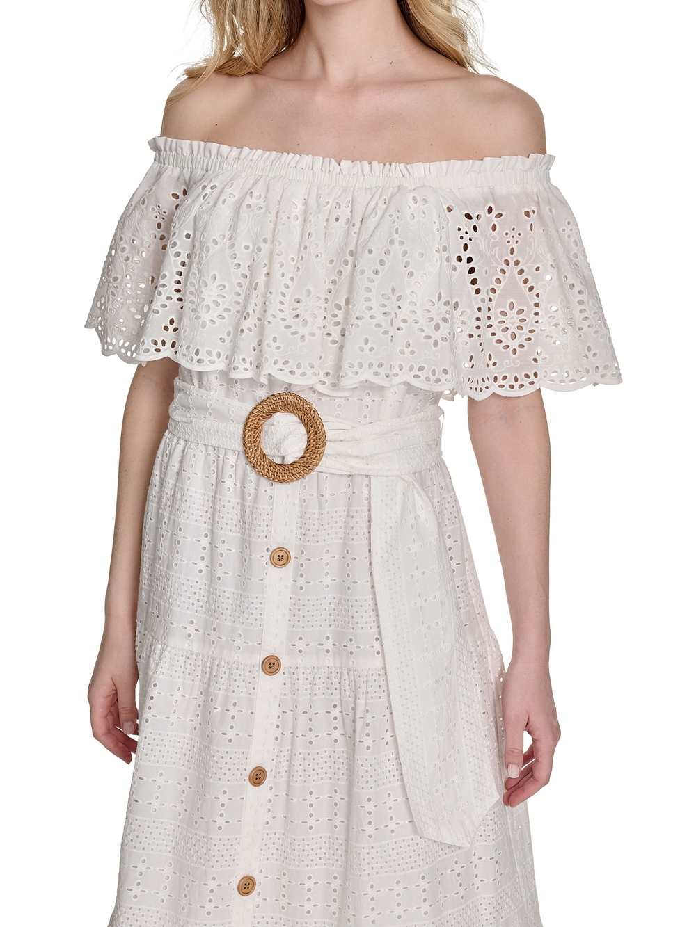Eliza J Ivory White Off-Shoulder Eyelet Boho Cotton Midi Long Dress Belted Sz 4 - Picture 3 of 15